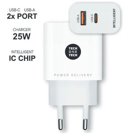 Tech One Tech Cargador Pared TEC2267 25W USB-C y USB-A Blanco